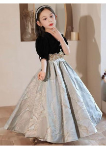 Ceremonial Dress for Young Girl - Black Velvet and Silver Jacquard