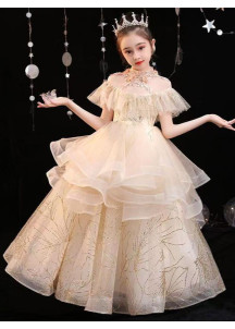 robe de cérémonie petite fille en tulle champagne jupe à volants superposés