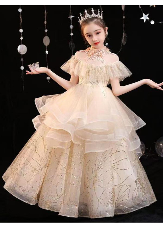 Champagne Tulle Flower Girl Dress with Layered Ruffles