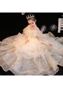 Champagne Tulle Flower Girl Dress with Layered Ruffles