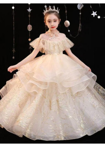 robe de cérémonie petite fille en tulle champagne jupe à volants superposés