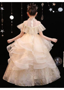 robe de cérémonie petite fille en tulle champagne jupe à volants superposés