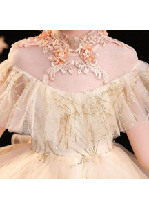 robe de cérémonie petite fille en tulle champagne jupe à volants superposés