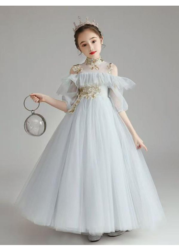 Gray Tulle Ceremonial Dress with Golden Embroidery