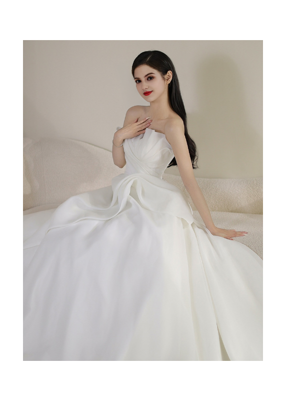 White organza wedding dress with strapless bodice