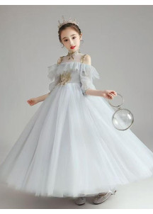 Gray Tulle Ceremonial Dress with Golden Embroidery