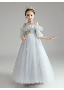 Gray Tulle Ceremonial Dress with Golden Embroidery