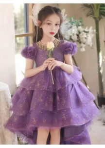 Purple Party Dress for Little Girls with Asymmetrical Bouffant Skirt