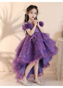 Purple Party Dress for Little Girls with Asymmetrical Bouffant Skirt