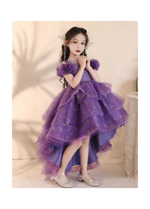 robe de fête pour petite fille en tulle violet jupe bouffante asymétrique