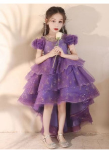 Purple Party Dress for Little Girls with Asymmetrical Bouffant Skirt