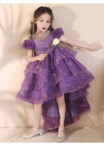 Purple Party Dress for Little Girls with Asymmetrical Bouffant Skirt