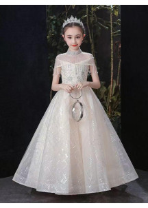 robe de fête pour petite fille en tulle champagne à col montant transparent