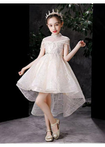 robe de fête pour petite fille en tulle champagne à col montant transparent