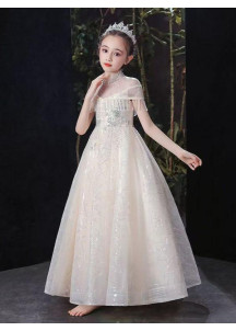 robe de fête pour petite fille en tulle champagne à col montant transparent