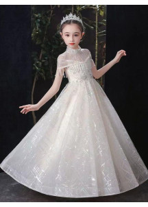 robe de fête pour petite fille en tulle champagne à col montant transparent