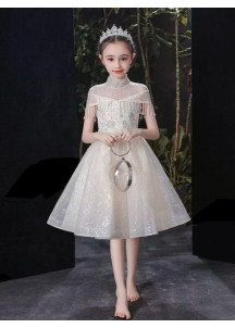 robe de fête pour petite fille en tulle champagne à col montant transparent