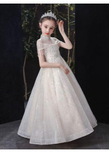 robe de fête pour petite fille en tulle champagne à col montant transparent