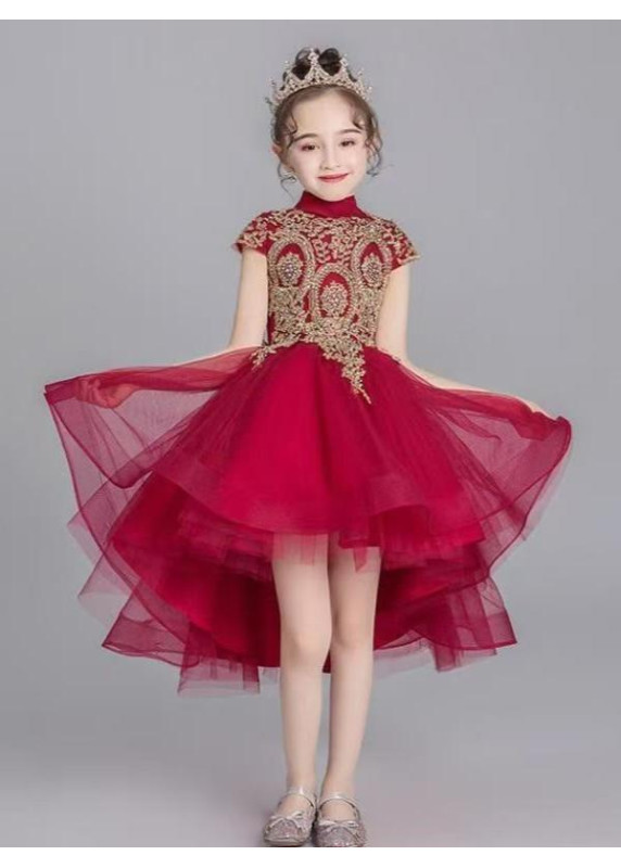 Bordeaux Ceremony Dress for Little Girls with Opulent Golden Embroidery