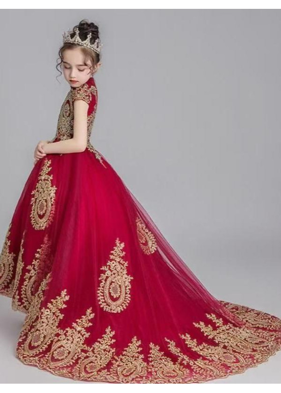 Bordeaux Ceremony Dress for Little Girls with Opulent Golden Embroidery