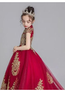 Bordeaux Ceremony Dress for Little Girls with Opulent Golden Embroidery