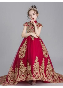 Bordeaux Ceremony Dress for Little Girls with Opulent Golden Embroidery