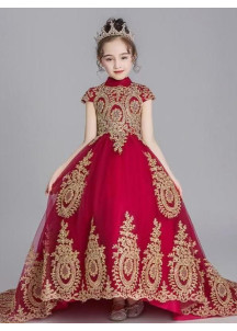 Bordeaux Ceremony Dress for Little Girls with Opulent Golden Embroidery