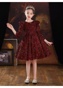 Short Red Bordeaux Sequined Party Dress for Little Girls