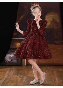 Short Red Bordeaux Sequined Party Dress for Little Girls