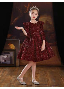 Short Red Bordeaux Sequined Party Dress for Little Girls