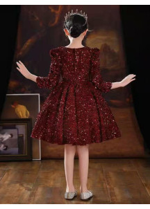 Short Red Bordeaux Sequined Party Dress for Little Girls