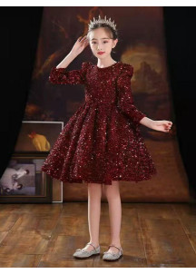 Short Red Bordeaux Sequined Party Dress for Little Girls