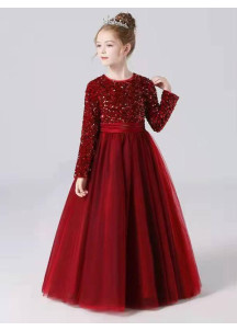 robe de soirée pour enfant en tulle et sequins bordeaux avec manches longues