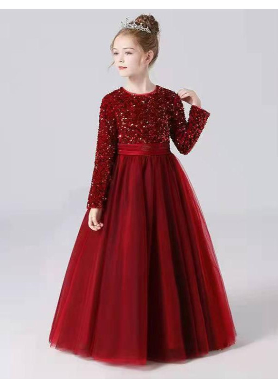 Bordeaux Evening Dress for Children with Long Sleeves and Sequins