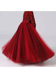 Bordeaux Evening Dress for Children with Long Sleeves and Sequins