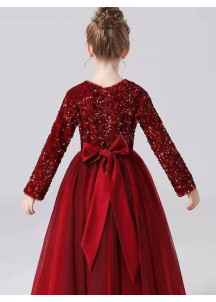 robe de soirée pour enfant en tulle et sequins bordeaux avec manches longues