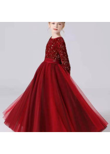 robe de soirée pour enfant en tulle et sequins bordeaux avec manches longues