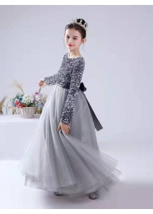 Bordeaux Evening Dress for Children with Long Sleeves and Sequins