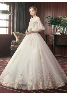 affordable lace wedding dress with puffy sleeves