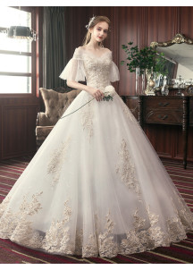 affordable lace wedding dress with puffy sleeves