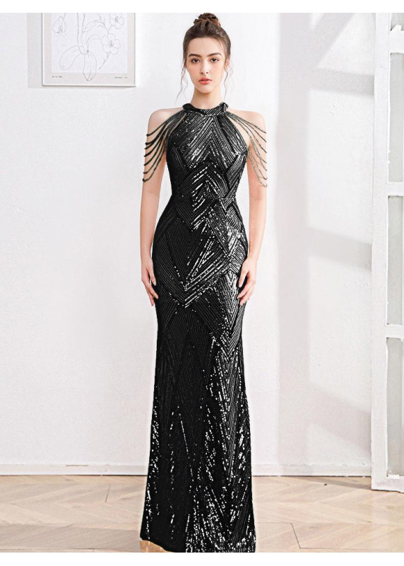 Long Silver Evening Gown with Mermaid Cut and Chain-Adorned Shoulders