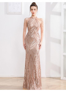 Long Silver Evening Gown with Mermaid Cut and Chain-Adorned Shoulders