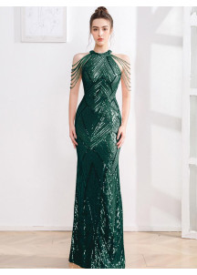 Long Silver Evening Gown with Mermaid Cut and Chain-Adorned Shoulders