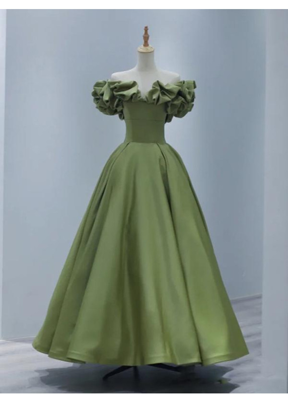 Green satin evening gown with off-the-shoulder bodice