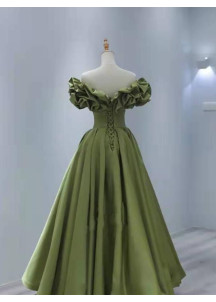 Green satin evening gown with off-the-shoulder bodice