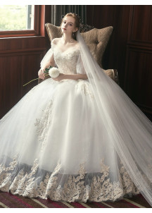 affordable lace wedding dress with puffy sleeves