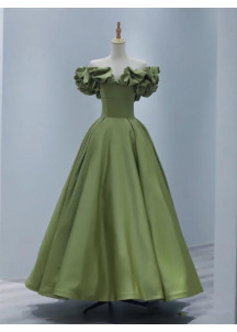 Green satin evening gown with off-the-shoulder bodice