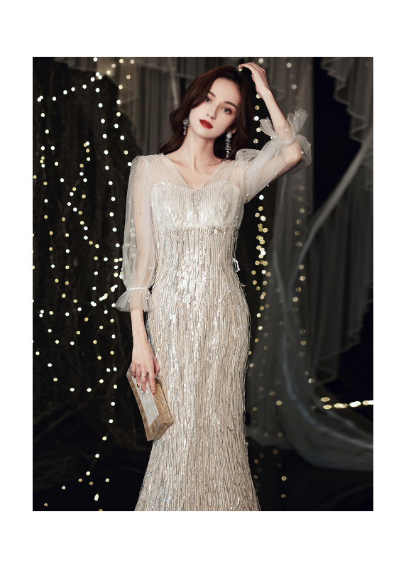 Sequin Silver Mermaid Evening Gown