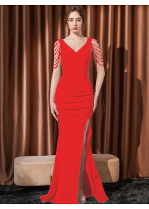 robe longue rouge de soirée coupe sirène décolleté en V