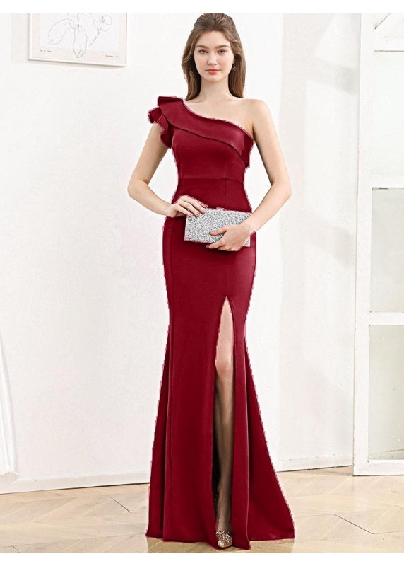 Emerald Green Evening Gown with Asymmetrical Neckline and Side Slit